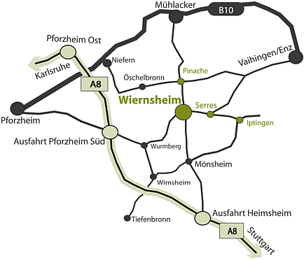 Die Anfahrtsskizze zeigt Wiernsheim sowie die Teilorte eingebettet ins Straßennetz